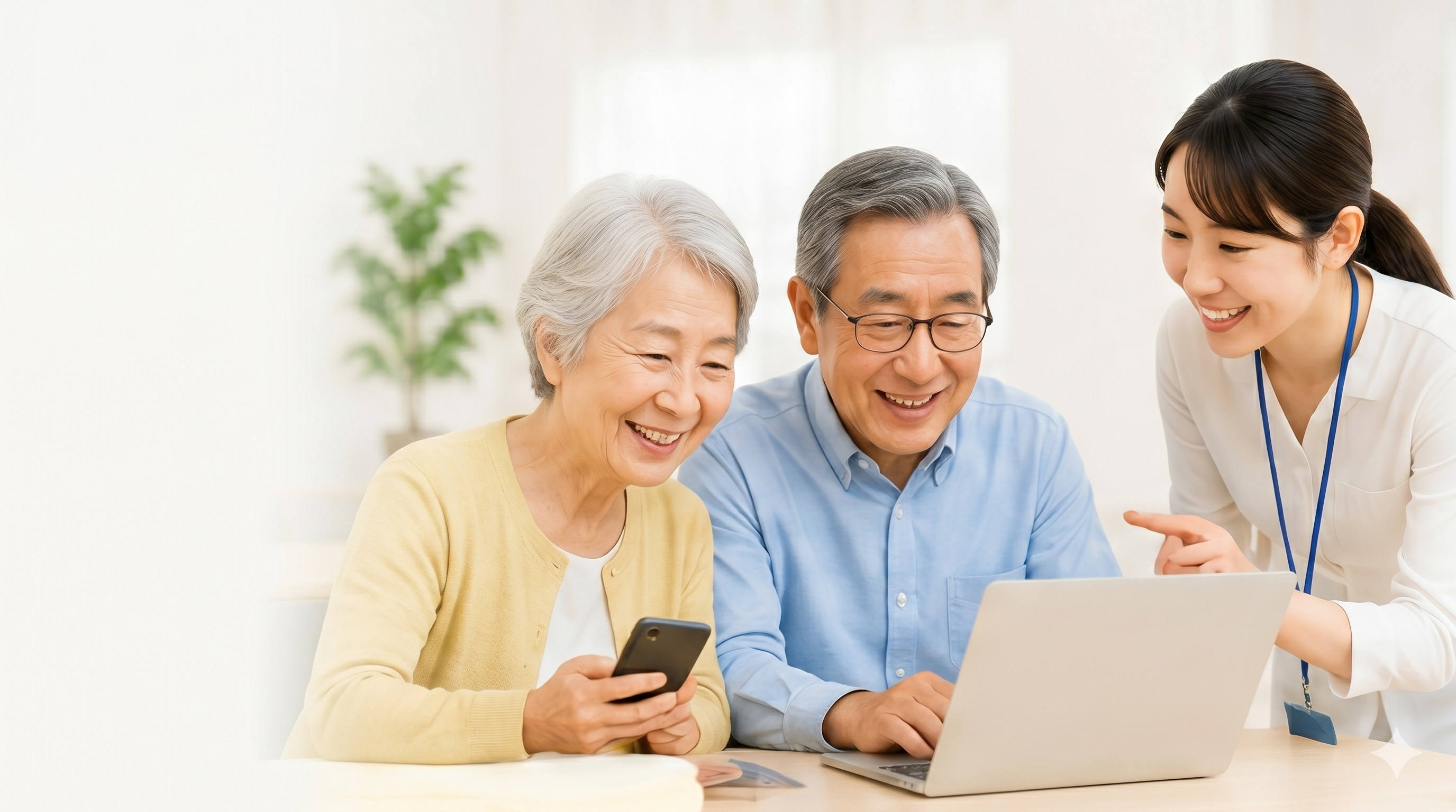 シニアのご夫婦と講師がスマホとパソコンで楽しく学んでいる様子